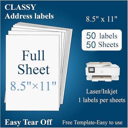 (50 Sheets, 50 Labels) Sticker Paper, 8.5" x 11" Full Sheet Shipping Address Labels, 1 Per Page Self Adhesive Mailing Label for Laser and Inkjet Printers | Shipping Handling Labels - TrueDesk