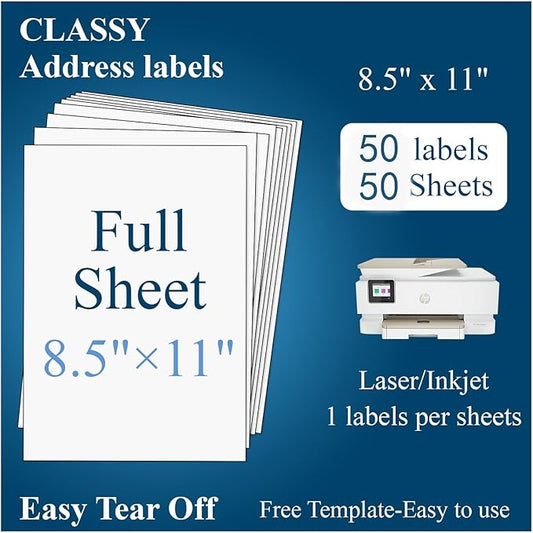 (50 Sheets, 50 Labels) Sticker Paper, 8.5" x 11" Full Sheet Shipping Address Labels, 1 Per Page Self Adhesive Mailing Label for Laser and Inkjet Printers | Shipping Handling Labels - TrueDesk