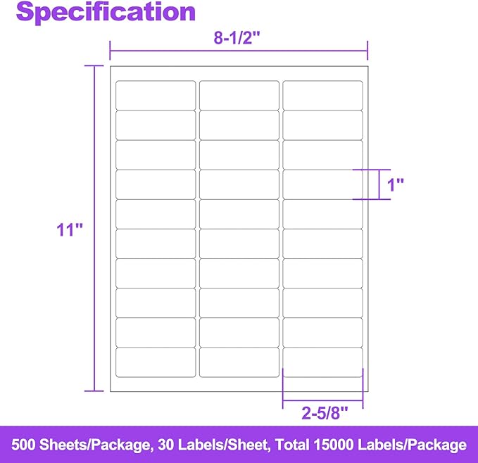 500 Sheets 15000 Address Labels, AveneMark 30 - UP 1" x 2 - 5/8" Shipping Sticker Papers for Laser and Inkjet Printers, 30 Labels per Sheet | Laser Inkjet Printer Labels - TrueDesk