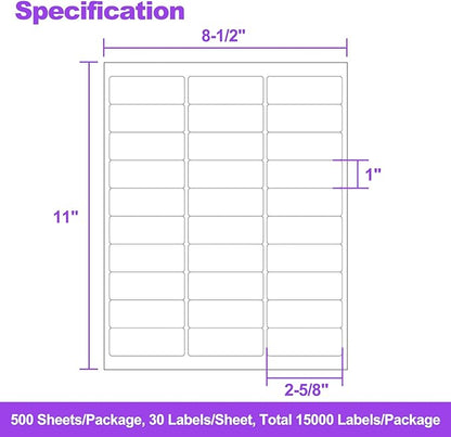 500 Sheets 15000 Address Labels, AveneMark 30 - UP 1" x 2 - 5/8" Shipping Sticker Papers for Laser and Inkjet Printers, 30 Labels per Sheet | Laser Inkjet Printer Labels - TrueDesk