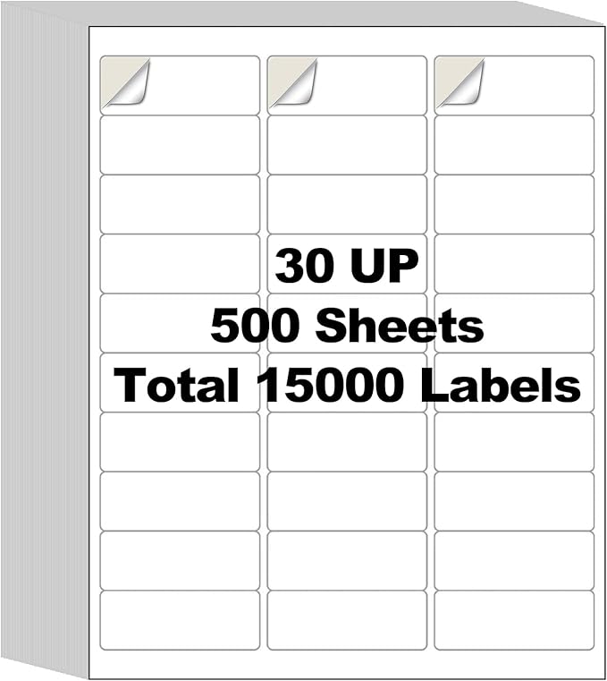 500 Sheets 15000 Address Labels, AveneMark 30 - UP 1" x 2 - 5/8" Shipping Sticker Papers for Laser and Inkjet Printers, 30 Labels per Sheet | Laser Inkjet Printer Labels - TrueDesk