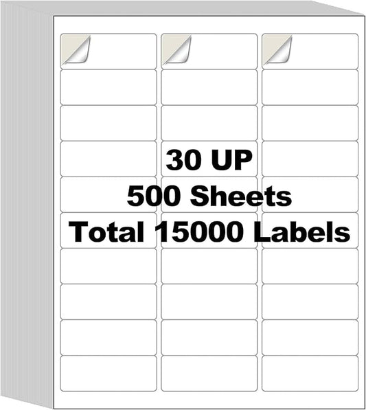 500 Sheets 15000 Address Labels, AveneMark 30 - UP 1" x 2 - 5/8" Shipping Sticker Papers for Laser and Inkjet Printers, 30 Labels per Sheet | Laser Inkjet Printer Labels - TrueDesk