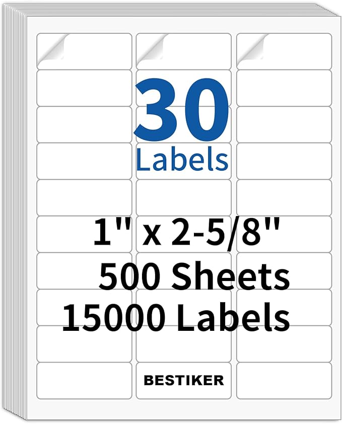 [500 Sheets 15000 Labels] BESTIKER Address Labels 1” x 2 - 5/8” Shipping Mailing Labels 30 per Page Printable FBA Barcode Label, Laser & Inkjet Printer Labels 30up White | Laser Inkjet Printer Labels - TrueDesk