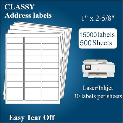 (500 Sheets, 15000 Labels) Sticker Paper, 1" x 2 5/8" Shipping Address Labels, 30 Per Page Self Adhesive Mailing Label for Laser and Inkjet Printers | Shipping Handling Labels - TrueDesk