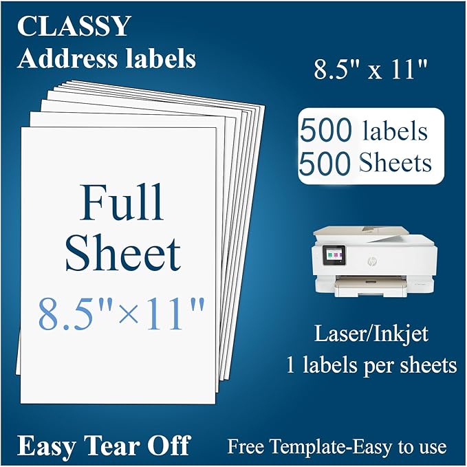 (500 Sheets, 500 Labels) Sticker Paper, 8.5" x 11" Full Sheet Shipping Address Labels, 1 Per Page Self Adhesive Mailing Label for Laser and Inkjet Printers | Shipping Handling Labels - TrueDesk
