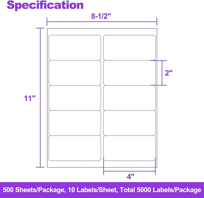 5000 Labels (500 Sheets) - 2" x 4" Shipping Address Labels - 10 - Up Mailing Stickers for Laser/Inkjet Printers - 8.5" x 11" White Printer Labels - Multipurpose Address Papers | Laser Inkjet Printer Labels - TrueDesk