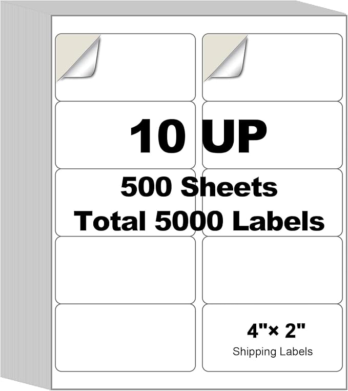 5000 Labels (500 Sheets) - 2" x 4" Shipping Address Labels - 10 - Up Mailing Stickers for Laser/Inkjet Printers - 8.5" x 11" White Printer Labels - Multipurpose Address Papers | Laser Inkjet Printer Labels - TrueDesk