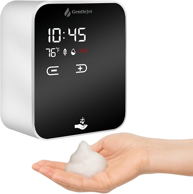 AuraJet Automatic Foaming Soap Dispenser, LED Display, Aluminum Alloy Body, 5 Foam Levels Adjustable, USB-C or Battery Powered, 16.2 oz Automatic Soap Dispenser Touchless Wall Mount