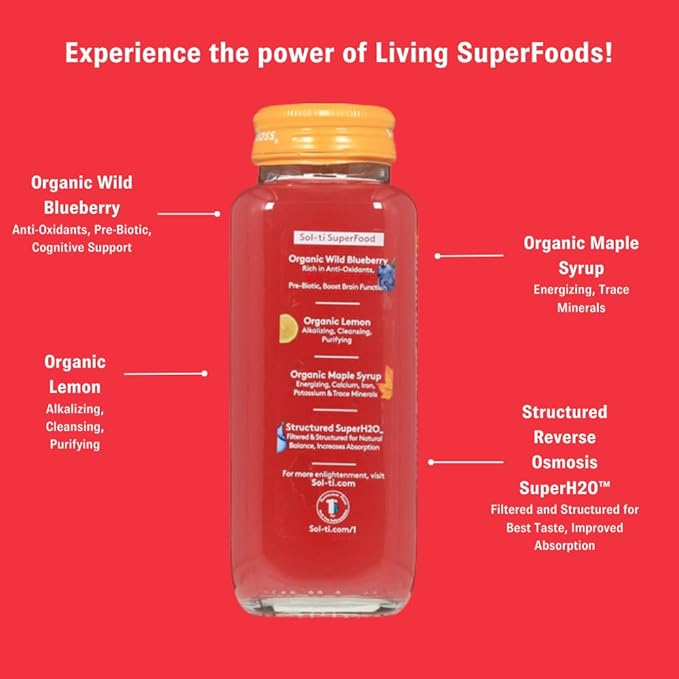 Organic SuperAde Hydration Drink with Powerful Anti-Oxidants, SuperFood Lemonade by Sol-ti, Cold-Pressed Wild Blueberry and Lemon Juice Blend, 16 Pack (14.9 Fl oz)