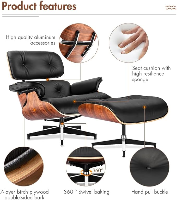 Mid Century Chaise Lounge Chair with Ottoman, Top Black Grain Leather, Modern Office Chair Classic Design, Heavy Duty Base Support for Living Room Study Lounge Office