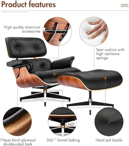 Mid Century Chaise Lounge Chair with Ottoman, Top Black Grain Leather, Modern Office Chair Classic Design, Heavy Duty Base Support for Living Room Study Lounge Office
