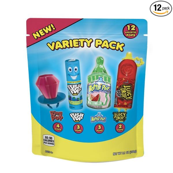 Christmas Candy Variety Pack Bag, 12 Ct Assorted Lollipops, Bulk Individually Wrapped Ring Pop, Push Pop, Baby Bottle Pop & Juicy Drop For Birthday Party Favors, Stocking Stuffers, Kids Gifts