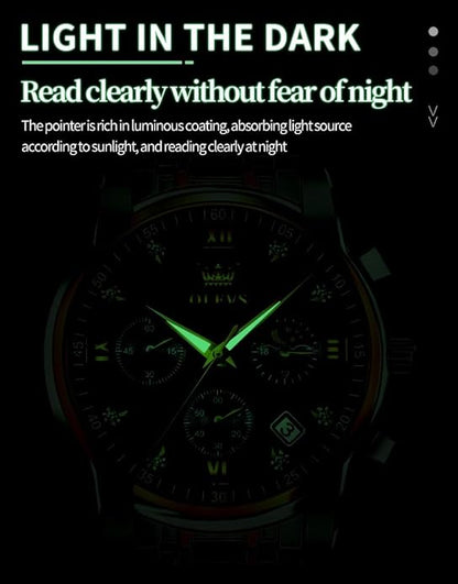 OLEVS Men's Luxury Watch Waterproof Luminous Easy Read Chronograph Watches Full Gold/White Dail/Black Face with Calendar Wristwatch