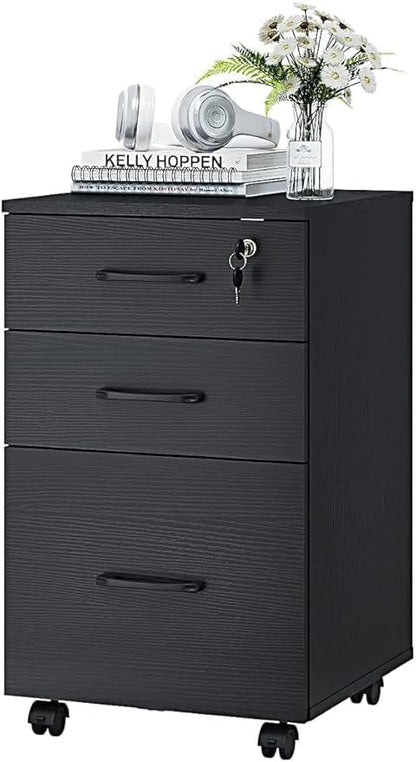 File Cabinet 3 Drawers with 1 Lock Wooden Rolling Mobile Filing Cabinet with Wheels for Home Office Under Desk File Cabinet Office Storage Cabinet, Black