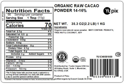 Yupik Organic Raw Cacao Powder, 2.2 lb (35.2 oz), Gluten-Free, GMO-Free, Kosher, Vegan, Dairy-Free, No Added Sugar, Made from Raw Cacao Beans, Rich Chocolate Flavor, Ideal for Baking & Beverages
