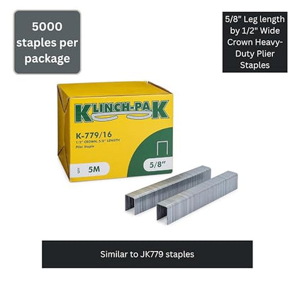K-779/16, 5/8” Leg Length by 1/2" Wide Crown Heavy-Duty Galvanized Plier Staples, 5000 Per Package, Similar to JK779 Staples, for stapling Trays, Lids, Header Cards, Fastening End Caps