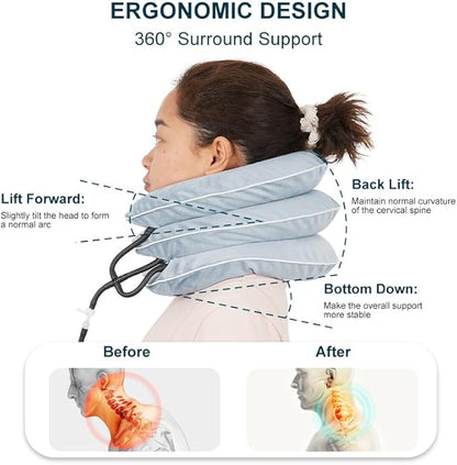 Cervical Traction Device, Adjustable Three Tube Inflatable Neck Stretcher, Neck Braces for Neck Support and Pain Relief, Neck Traction Device for Home/Office Use (grey)
