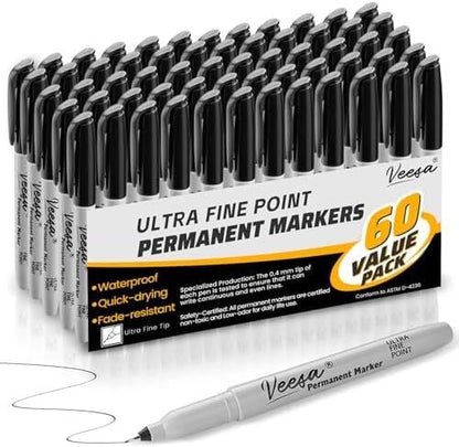 Permanent Markers Ultra Fine Point, 60 Pack, 0.4mm Black Permanent Markers Bulk, 1 Second Quick Drying, Waterproof, Fade-Resistant, Office Series, Classroom Set