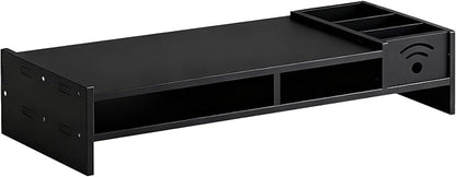 Desk Monitor Stand, 2-Tier Ergonomic Shelf, Black 4.3in Riser, Computer Screen Organizer, Laptop TV Holder, Work Table Storage, For Home Dorm Office Setup
