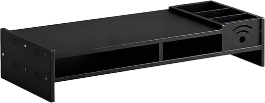 Desk Monitor Stand, 2-Tier Ergonomic Shelf, Black 4.3in Riser, Computer Screen Organizer, Laptop TV Holder, Work Table Storage, For Home Dorm Office Setup