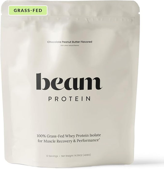 Beam Grass Fed Whey Protein Powder – Chocolate Peanut Butter, 12 Servings, 22g Protein Per Serving, Clean Whey Isolate & Concentrate, Low Carb, Paleo Friendly, GMO Free, Gluten Free, 3rd Party Tested
