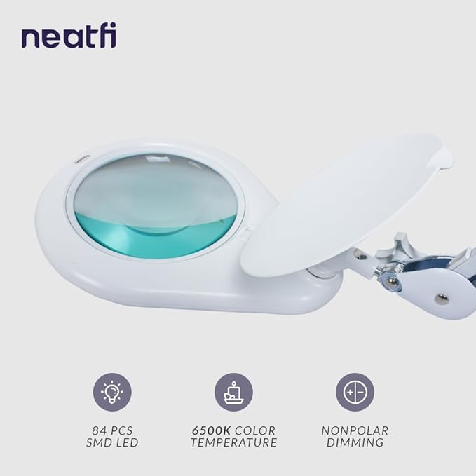 Neatfi Elite XL HD Super LED Magnifying Lamp with Clamp – 7” Glass Lens, 6500K Daylight, Glare-Free, Adjustable Arm, Lamp for Reading, Sewing, Crafting (7 Inch Lens, White)