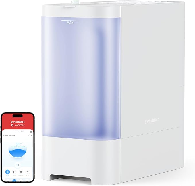 SwitchBot Smart Evaporative Humidifier for Bedroom 4.5L(1.2G), 750ml/h Rapid, Top Fill, Automatic Air Drying Filter, Ag+ Technology, Voice Control, App Alert (Hub 2 Required)