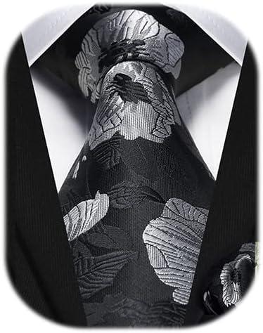 HISDERN Men Floral Ties Woven Classic 3.4" Necktie Set Formal Tie Pocket Square for Wedding with Handkerchief Gift Box