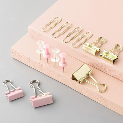 Paper Clips and Binder Clips Set, Metal Assorted Sized Binders with Push Pins, Cute Office Supplies for Desk, Desk Accessories (Gold Set of 3)