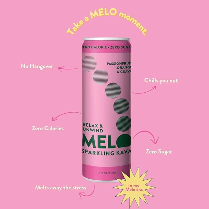 Melo Sparkling Kava Drink, Passionfruit, Orange & Guava, Sugar Free Non-Alcoholic Drinks, Zero Calories, Gluten Free, Vegan, 750mg Kava Root, 12 Pack, 12 oz Cans