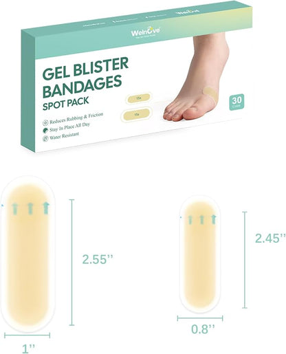 Gel Blister Hydrocolloid Bandages - Welnove 30ct Blister Cushions (Spot Pack) - Blister Bandages for Heel, Toe & Foot - Blister Pads for Prevention & Recovery - Water Resistant