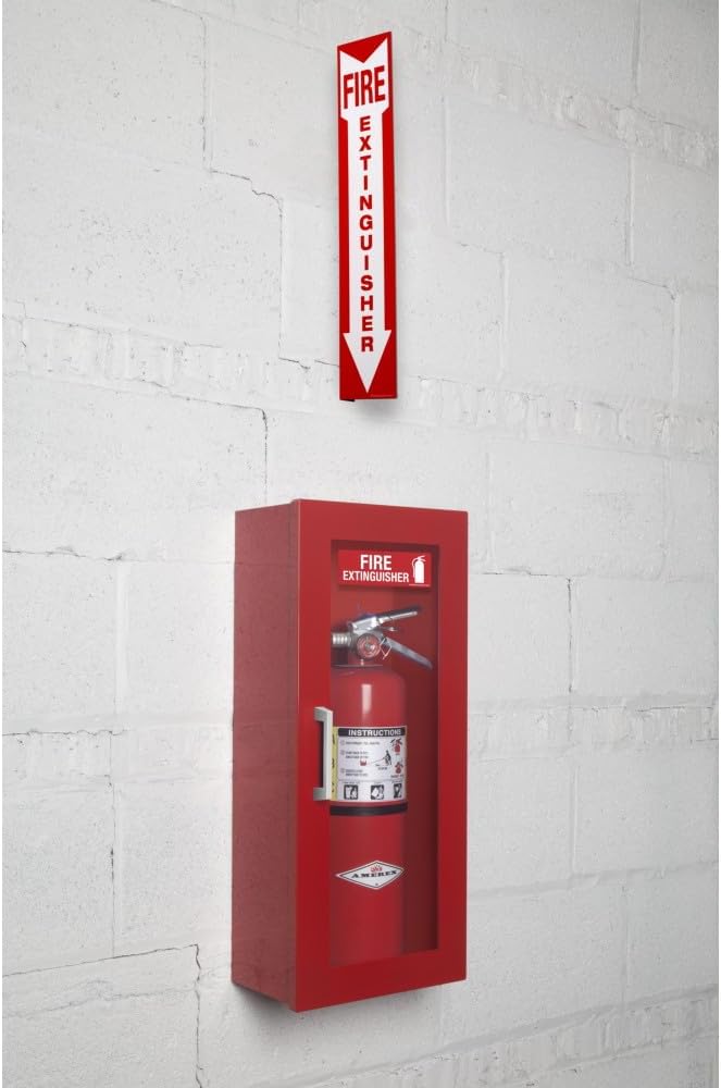 Fire Extinguisher Mount & Sign - Red Cabinet with Door - 22 Gauge Steel, Powdercoat Finish, Metal Handle, Universal Wall Mountability - 5-10 lb. Capacity - Made in USA - Extinguisher Not Included