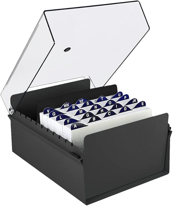 Acrimet 5 X 8 Card File Holder Organizer Box Metal Base Heavy Duty (AZ Index Cards and Divider Included) (Black Color with Clear Crystal Plastic Lid Cover)