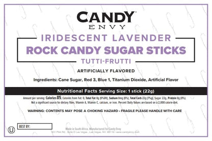 Candy Envy - Iridescent Lavender Rock Candy Sugar Sticks - Tutti Frutti Flavored - 24 Individually Wrapped Party Favors