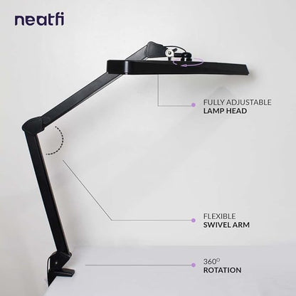 Neatfi Task Lamp – 2,500 Lumens, 30W, 22-Inch Wide Shade, 4 Brightness Levels, Eye-Caring Light, Clamp Mount, LED Task Light for Manicure Table, Crafts, Workbench, Office (Non-CCT, Black)