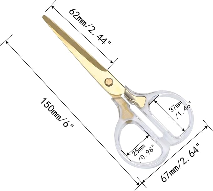 6 Inch Office Scissors Clear Acrylic Handles Gold Craft Scissor Semi-Circular Grip Fabric Shears Stainless Steel Sharp Blades Round Tips for Paper Thread (Gold)