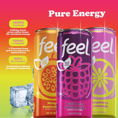 FEEL Zero Sugar Natural Energy Drink Variety Pack – Blackberry Pomegranate, Mango Passionfruit & Raspberry Lemonade, 140mg Plant-Based Caffeine with L-Theanine for Focus, Vitamin C for Immunity, Vegan, Non-GMO, No Artificial Sweeteners, 12 Fl Oz Cans (...