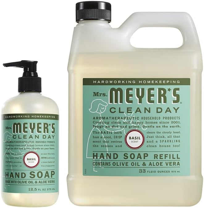 Mrs. MEYER'S CLEAN DAY Basil Hand Soap and Refill Variety Pack, 12.5 oz & 33 oz. (Pack of 2)