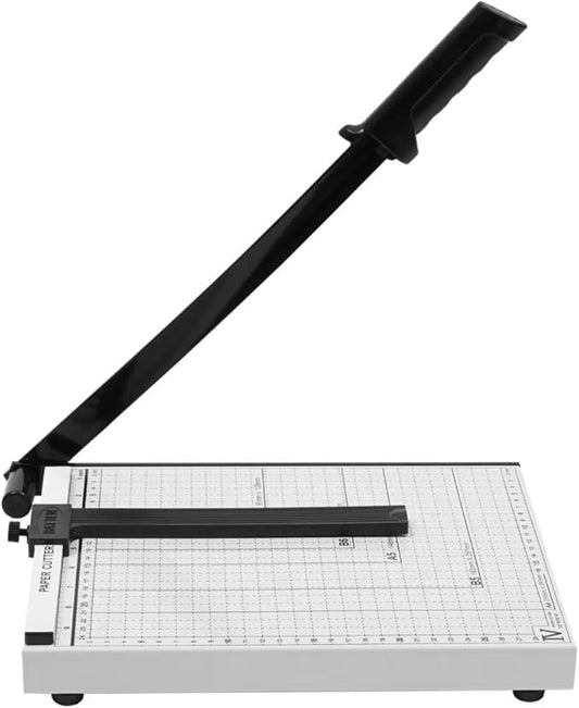 12-Inch Heavy Duty Guillotine Paper Cutter, 12 Sheet Capacity, Self-Sharpening Blade & Safety Lock, Paper Trimmer for Cardstock, Photos, Craft Paper for Office, School, Home Use (White)