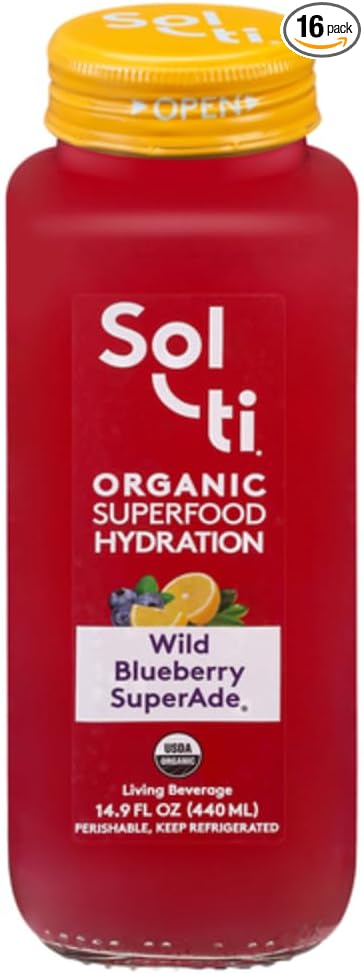 Organic SuperAde Hydration Drink with Powerful Anti-Oxidants, SuperFood Lemonade by Sol-ti, Cold-Pressed Wild Blueberry and Lemon Juice Blend, 16 Pack (14.9 Fl oz)