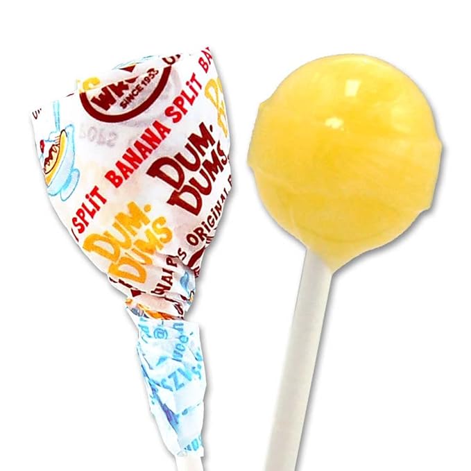 Dum Dums Banana Split Lollipops - Bulk Candy Box with Lollipops Individually Wrapped, Single Flavor Gourmet Suckers - 50 Count