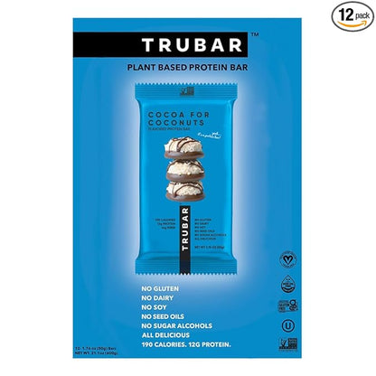 TRUBAR Vegan Protein Bar, Cocoa For Coconuts, Gluten Free, Plant Based Protein, Dairy Free, Non GMO, Soy Free, No Sugar Alcohols, 12G Protein, 12G Fiber, 23G Carb, On the Go Snack Bars, 12ct