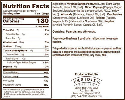 FERIDIES Rt. 58 Dried Fruit and Nut Snack Mix - Virginia Peanuts Trail Mix - 9oz Vacuum Sealed Tin