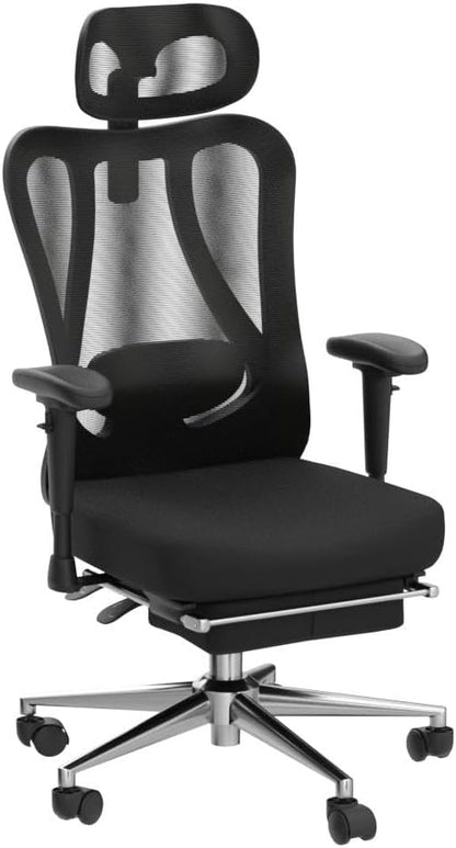 Hbada P3 Ergonnomic Office Chair with 2D Adjustable Lumbar Support, Office Chair with Adjustable Headrest and Armrest, 145° Stepless Tilt Function, Black(with Footrest)