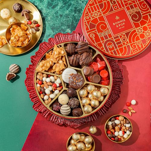BONNIE AND POP - Holiday Snack Gift Tin, Round, Modern Pattern, Assorted Treats: Belgian Truffles, Chocolate Covered Oreos, Peanut Brittle and Candy Nuts