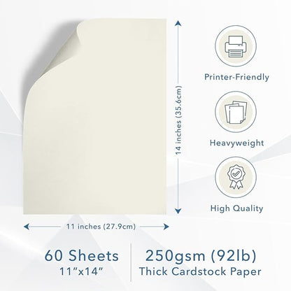 MOS Off-White Cardstock Paper 11 x 14 Inch (60 Sheets) — Heavyweight Poster Board Card Stock for Crafts, Certificates, Menus, Art Projects, Printer Compatible
