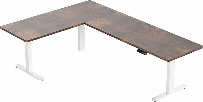 VIVO Electric Height Adjustable 83 x 60 inch Corner Stand Up Desk, 2 Rustic Vintage Brown Solid Table Tops, White Frame, Memory Controller, L-Shaped Workstation, 3E Series, DESK-KIT-3E8WN