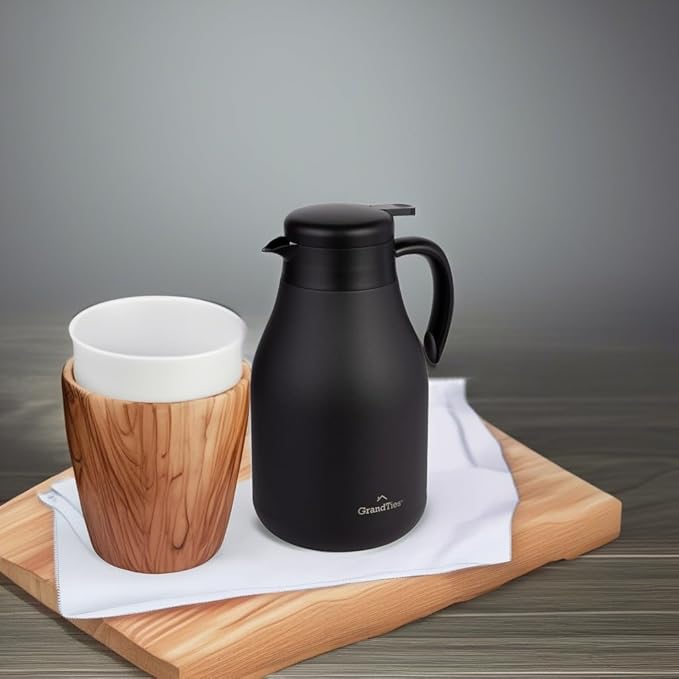 GrandTies 61oz Stainless Steel Thermal Coffee Carafe - Insulated Double Walled Vacuum Coffee Pot, Hot Water Dispenser - Thermal Bottle for Hot Drinks, 12 Hour Heat Retention (Midnight Black)