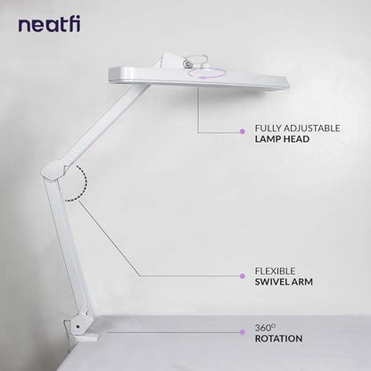Neatfi Task Lamp – 2,500 Lumens, 30W, 22-Inch Wide Shade, 4 Brightness Levels, Eye-Caring Light, Clamp Mount, LED Task Light for Manicure Table, Crafts, Workbench, Office (Non-CCT, White)