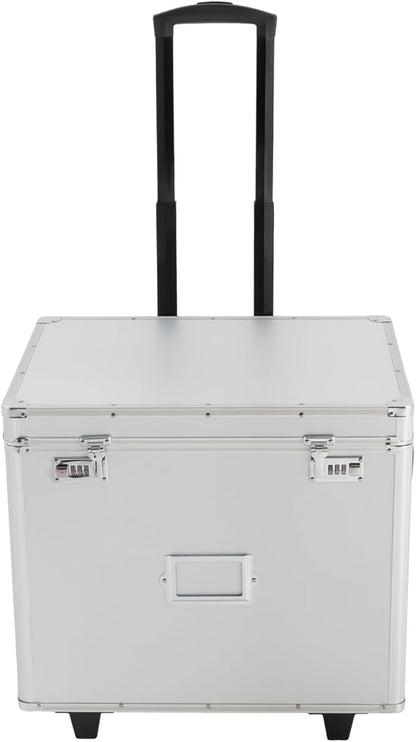 Rolling File Box with Telescopic Handle, Locking File Cabinet with Lock, Files Cart with Wheels, Mobile Business Case, Aluminum Alloy Hand Pull File Case for Home, Office, Bank - Silver
